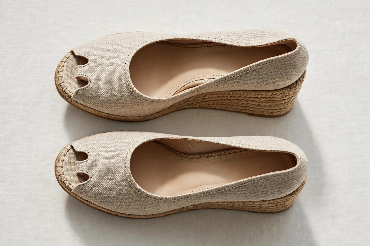 Women's wedge peep toe shoes laid flat as a product photograph showing fabric and construction details