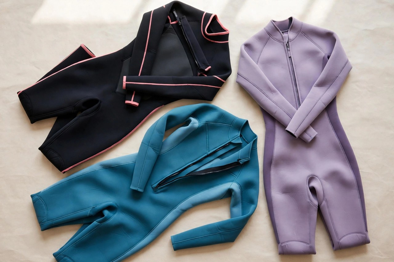 Women's wetsuits shown as a flat lay product photograph, garment only, no people