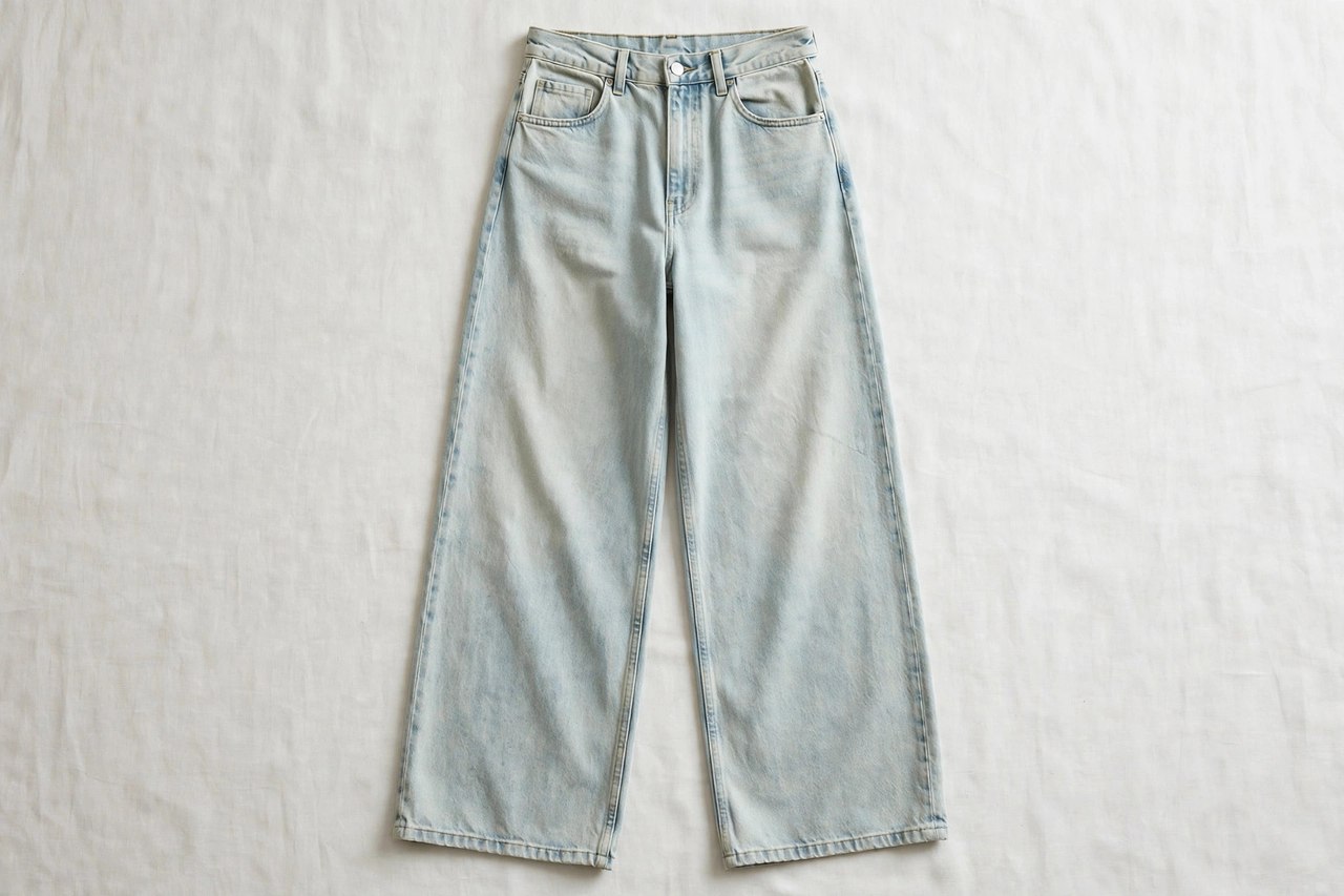 Women's wide-leg jeans in a pale vintage wash laid flat, showing the generous width of the leg from hip to hem, product photography with no people