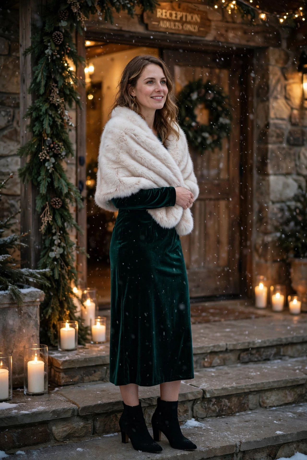 Adult woman as a winter wedding guest in a deep emerald velvet midi dress with a faux fur wrap and heeled ankle boots in light snow