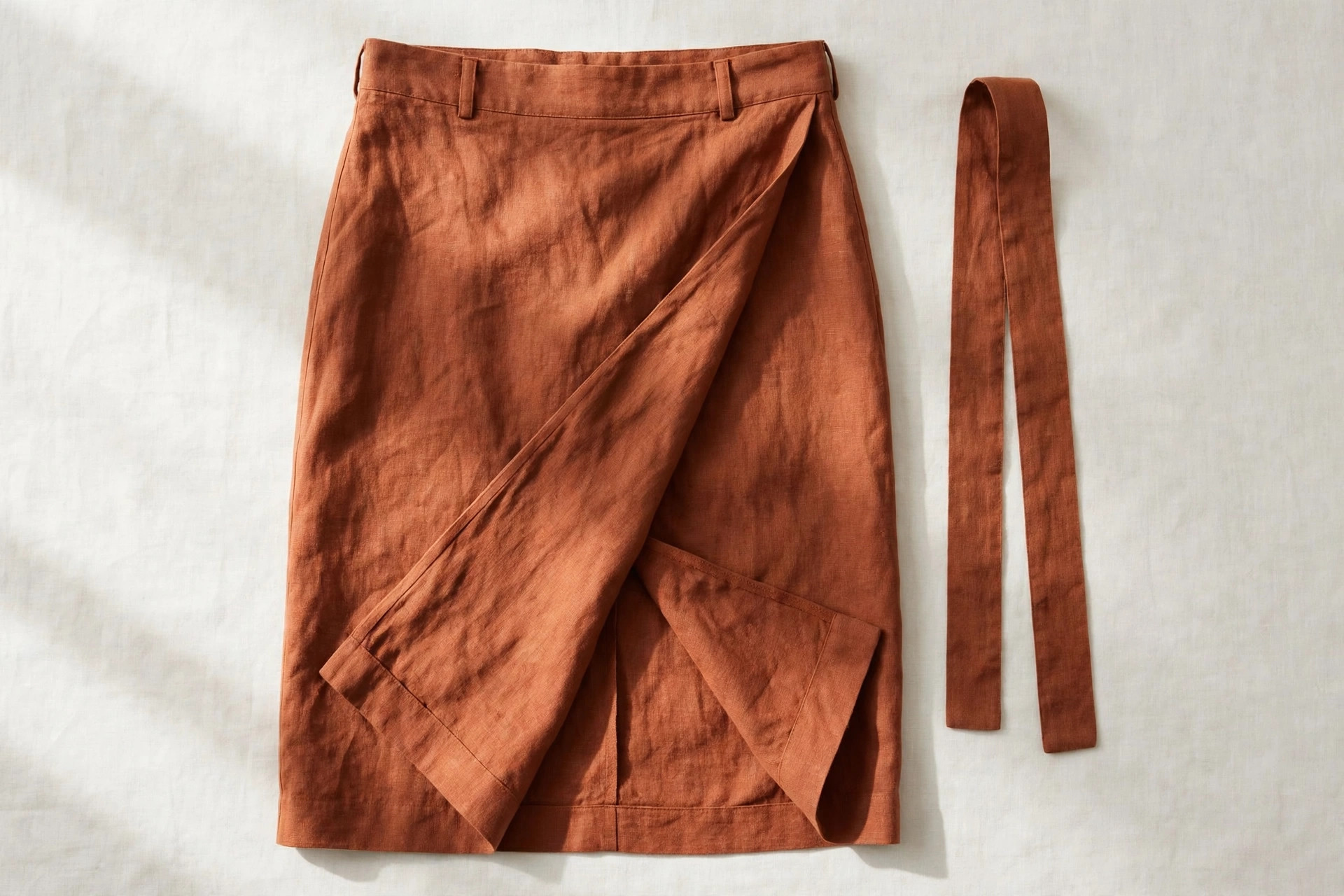 Women's wrap skirt in rust linen fabric shown flat with the front panel crossed over and the long tie belt laid beside the waistband, product photography with no people