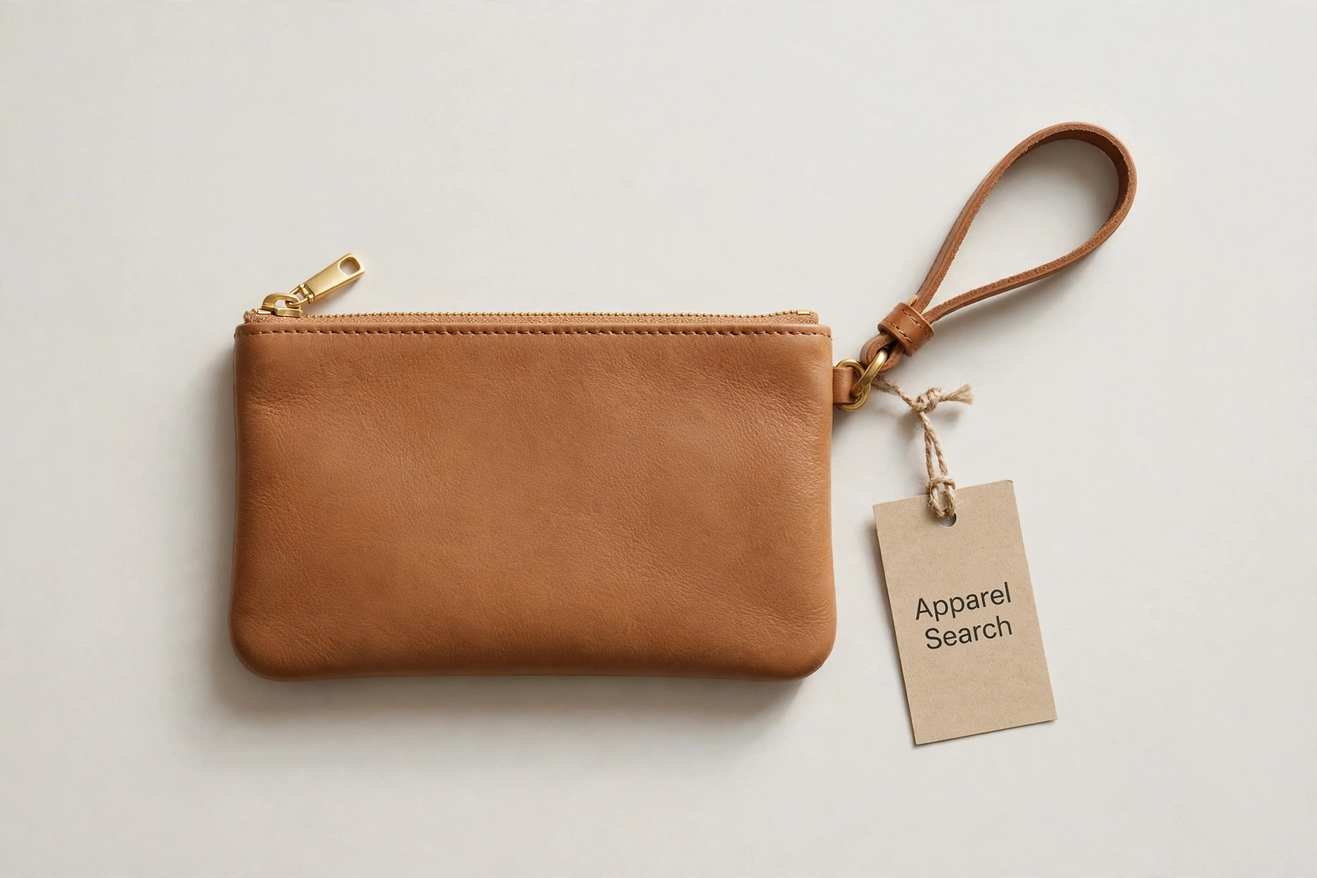 Women's wristlet bag in tan leather with a short wrist loop strap and a small hang tag, product photography with no people