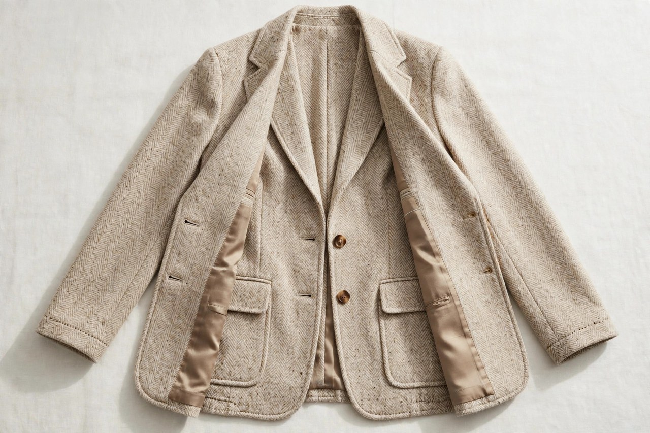 Women's wool blazer laid flat as a product photograph showing fabric and construction details