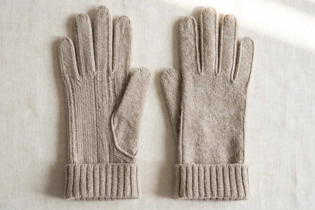 Women's wool gloves laid flat as a product photograph showing fabric and construction details