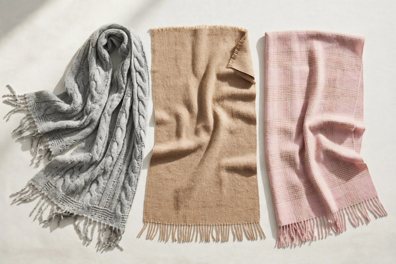 Women's wool scarves laid flat as a product photograph showing fabric and construction details