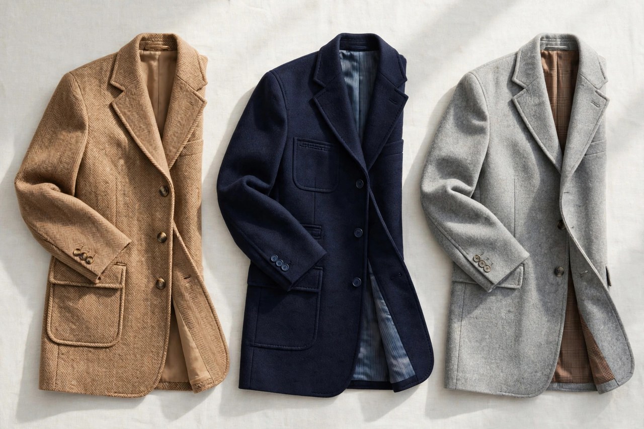 Women's wool sports coats laid flat as a product photograph showing fabric and construction details