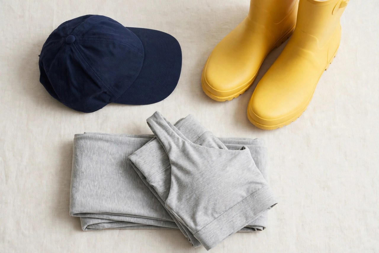 A flat lay of women's clothing beginning with Y: a navy baseball cap, yellow rain boots and folded yoga clothing arranged on a clean background