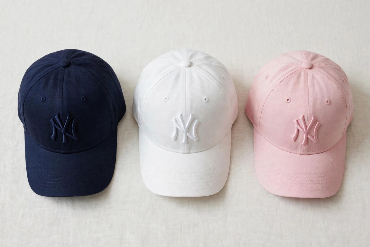 A flat lay of women's Yankee baseball hats: navy, white and pink structured caps with an embroidered interlocking logo, product photography with no people