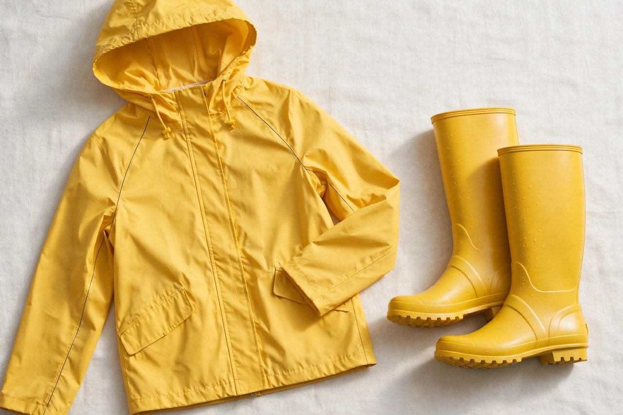 A flat lay of a women's yellow raincoat with hood and sealed seams beside yellow rain boots, product photography with no people