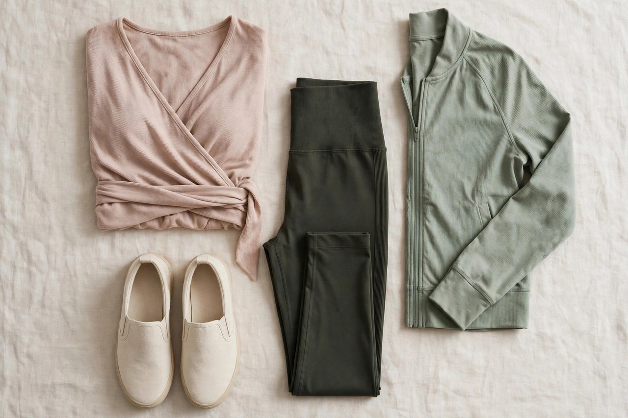 A flat lay of women's yoga wear for beyond the studio: a soft wrap top, leggings, a zip jacket and slip-on shoes arranged as an outfit, product photography with no people