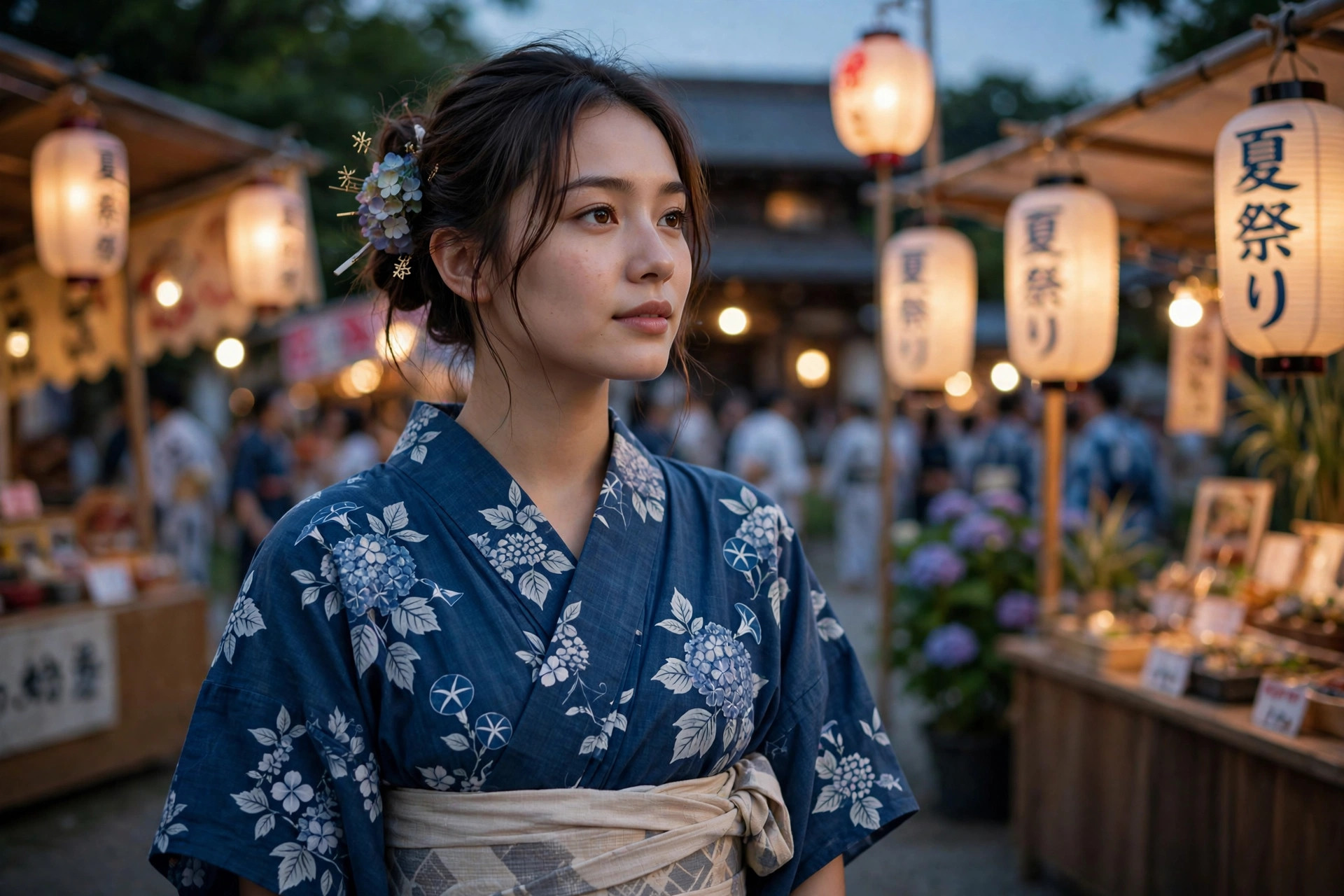Woman wearing a Japanese yukata, an unlined cotton summer kimono with indigo floral pattern and obi sash, at a summer festival