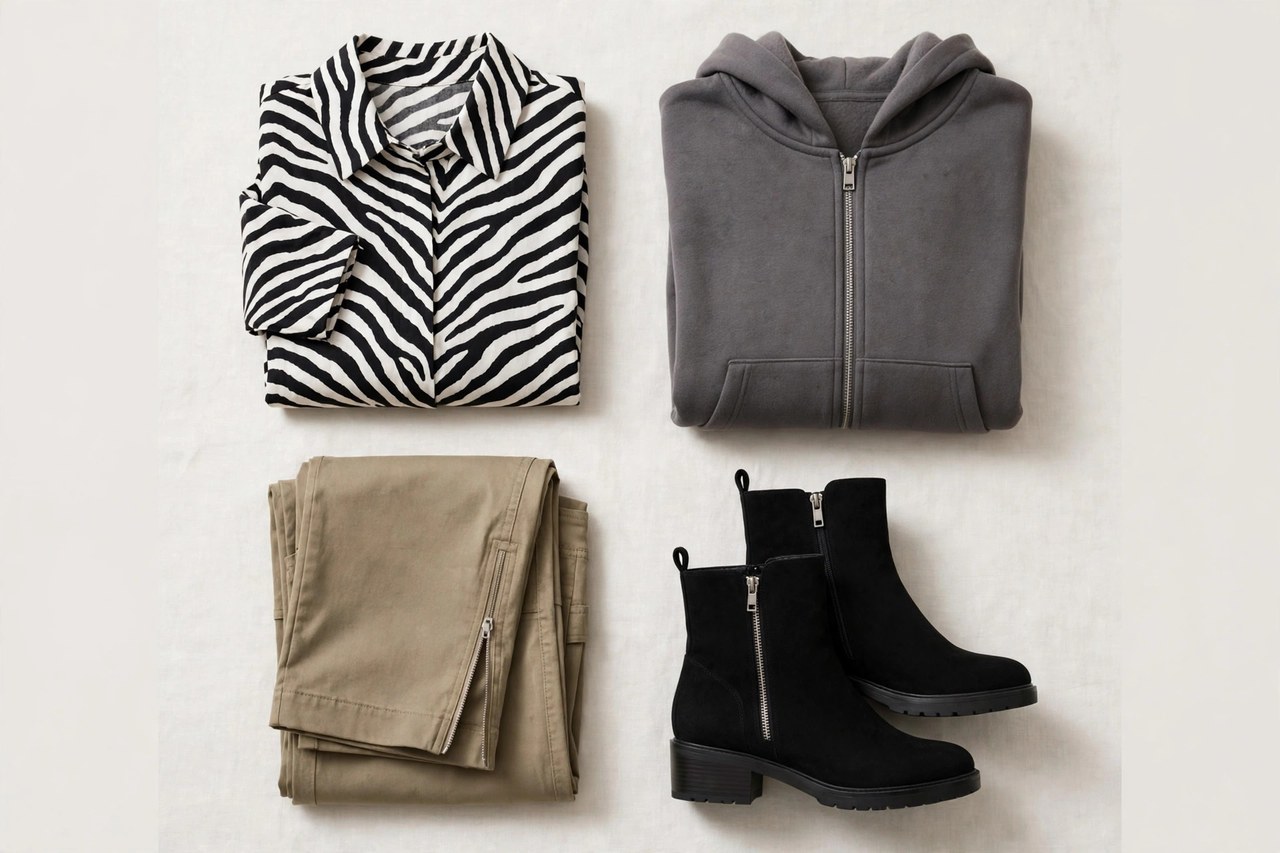 A flat lay of women's clothing beginning with Z: folded zebra print clothing, convertible zip-off pants, zip boots and a zip-up hoodie arranged on a clean background