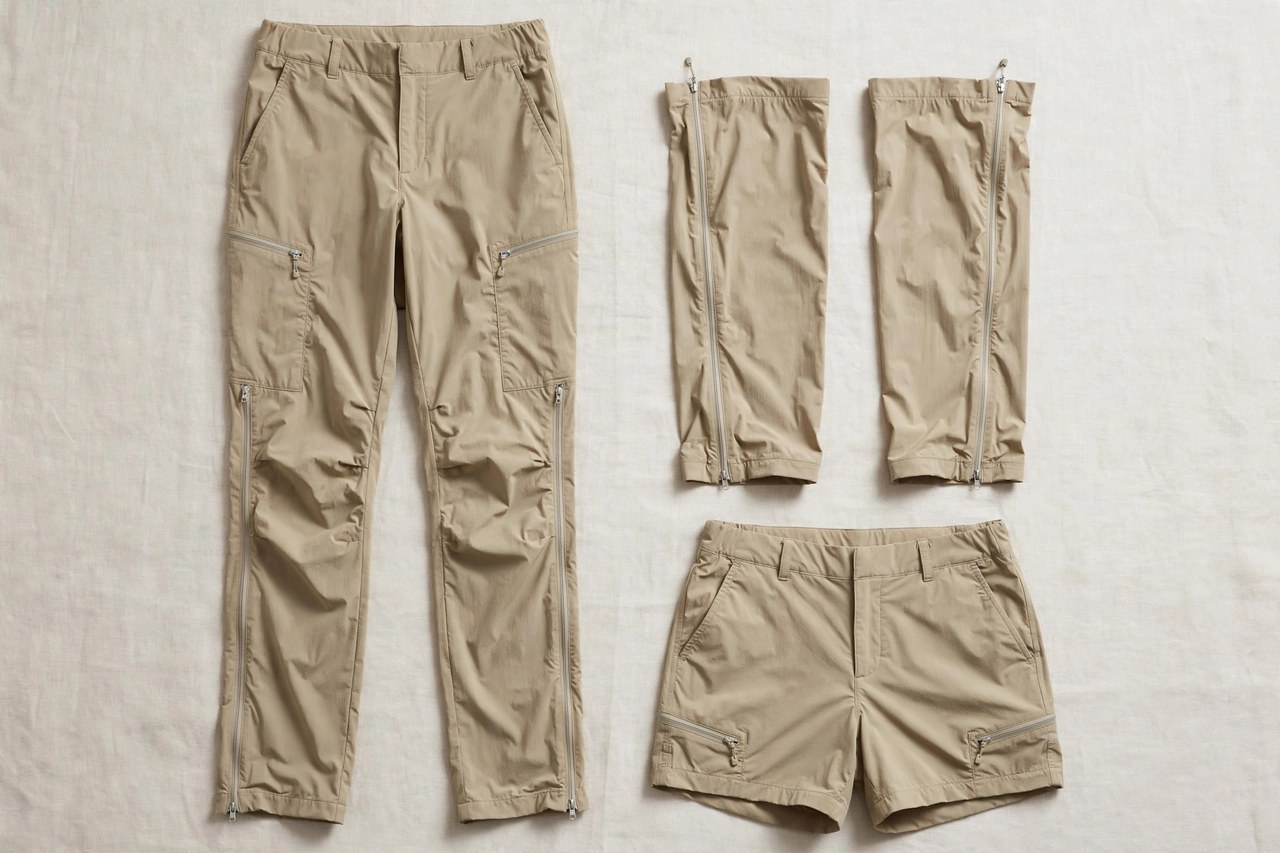 A flat lay of women's zip-off convertible pants shown full length beside their detached lower legs and the shorts they convert to, product photography with no people