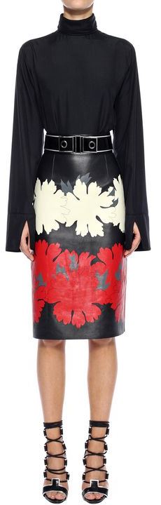 Alexander McQueen Flower Print Leather Pencil Skirt