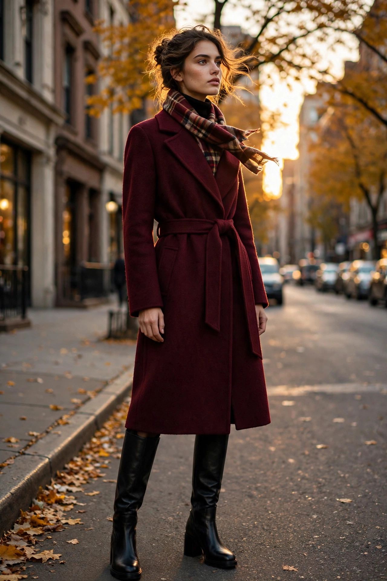 Fall 2026 fashion trends - burgundy coat and plaid scarf