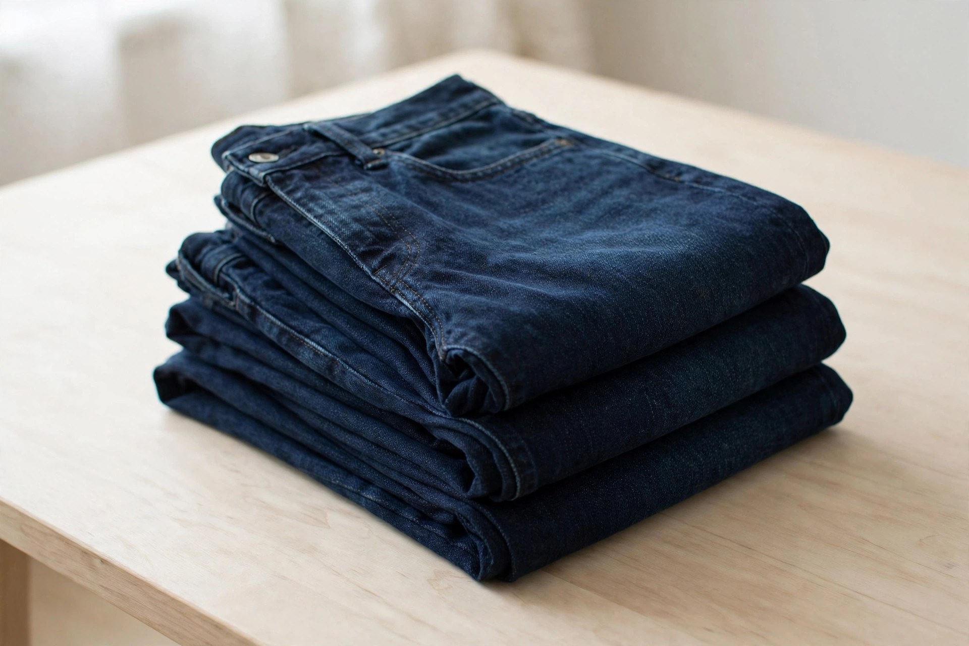 Dark indigo straight-leg jeans folded for 2026