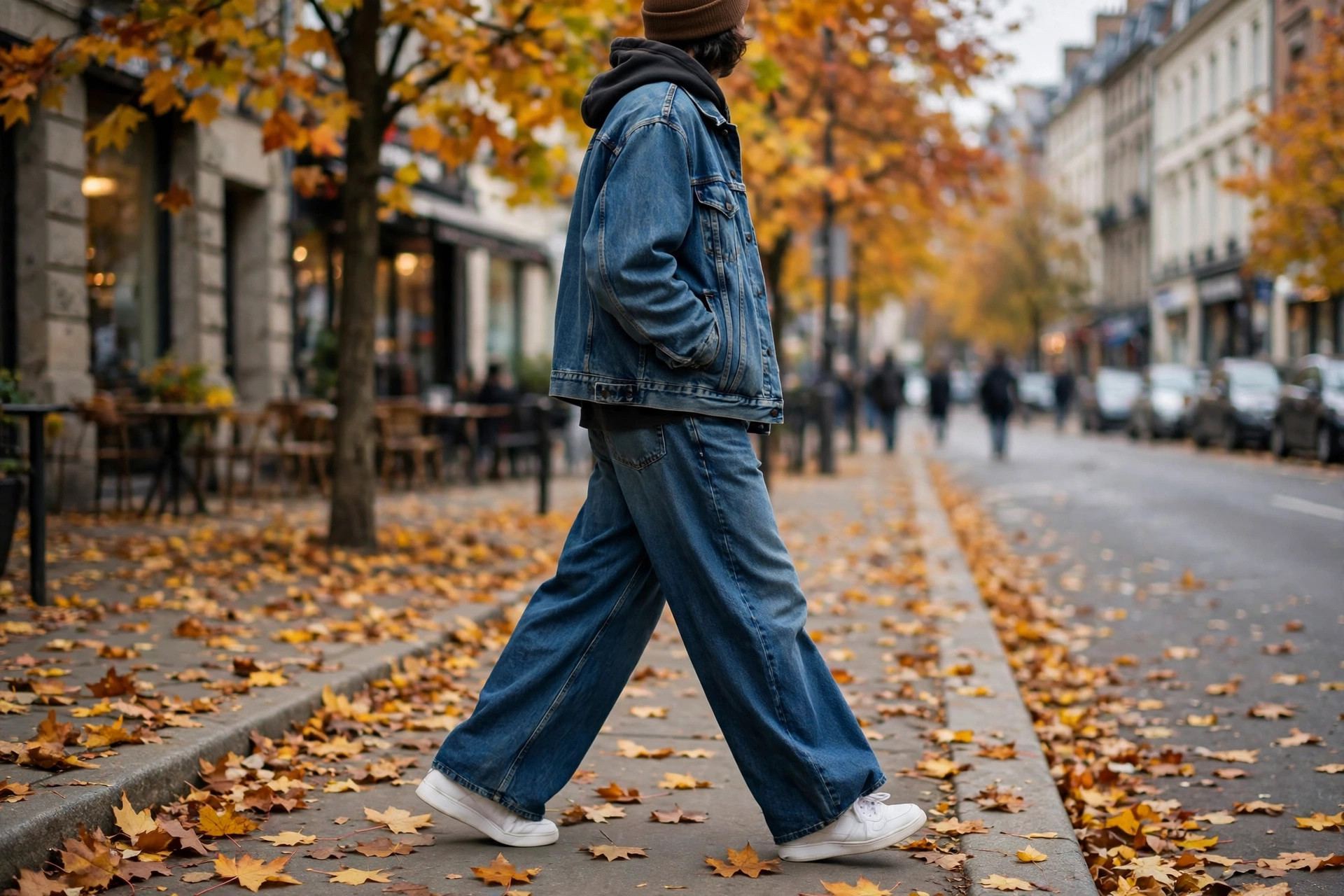 Wide-leg jeans and denim jacket street style 2026