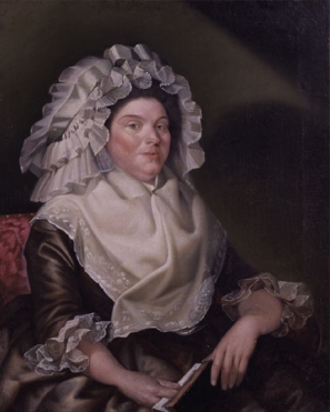 Elizabeth Sewall Salisbury wears an embroidered fichu pinned at the neck, 1789.