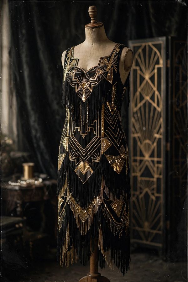 Flapper-style dress with fringe and Art Deco details