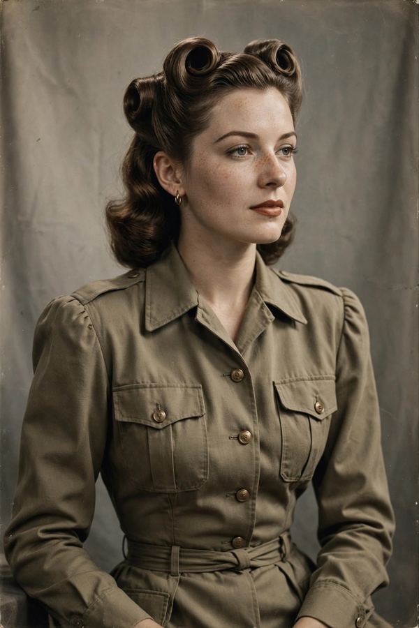 Tailored 1940s utility dress with padded shoulders