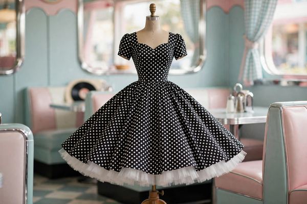 Full-skirted 1950s polka dot dress with petticoat