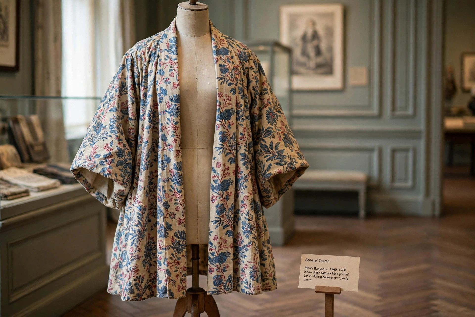18th-century men's banyan dressing gown in patterned Indian chintz cotton displayed on a dress form