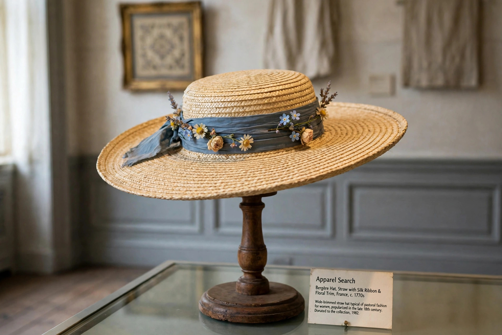 18th-century bergère hat in natural straw with a low crown, wide brim and ribbon trimming displayed on a stand