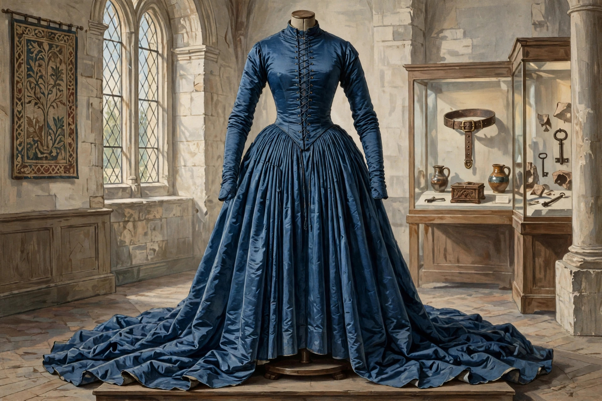 12th-century bliaut gown in deep blue silk with laced bodice and long sleeves on a dress form