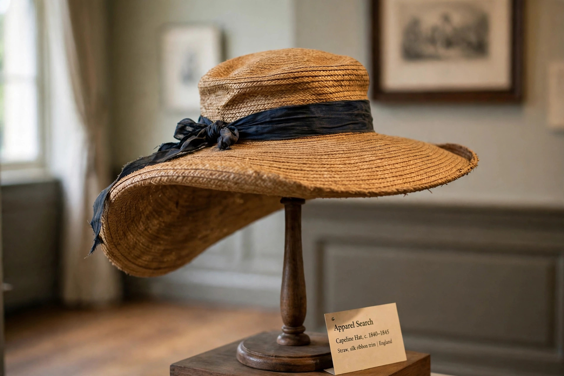 1830s capeline hat with a wide drooping straw brim, soft low crown and ribbon trimming displayed on a stand