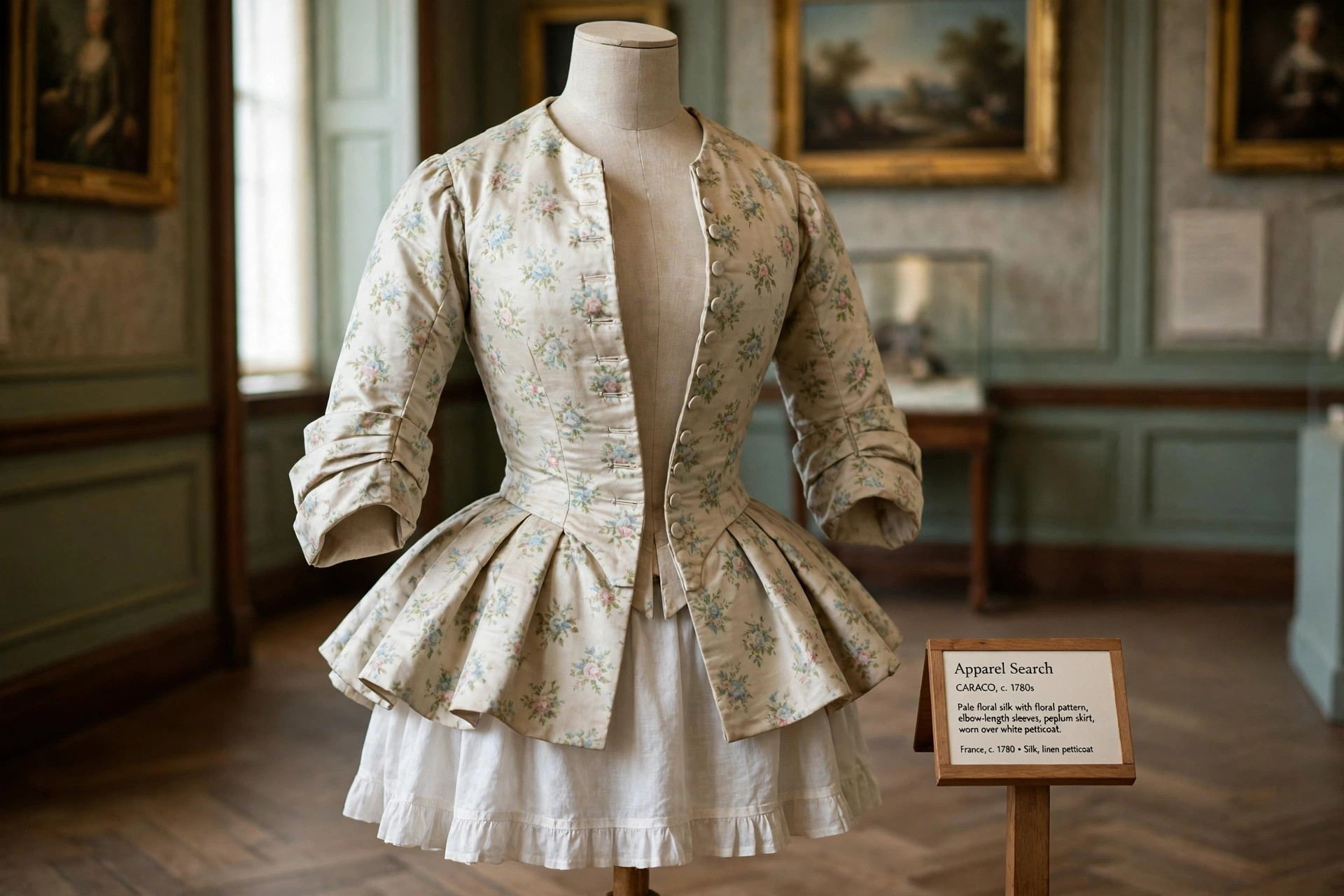 1770s caraco short fitted jacket in pale floral silk with a white petticoat skirt displayed on a dress form
