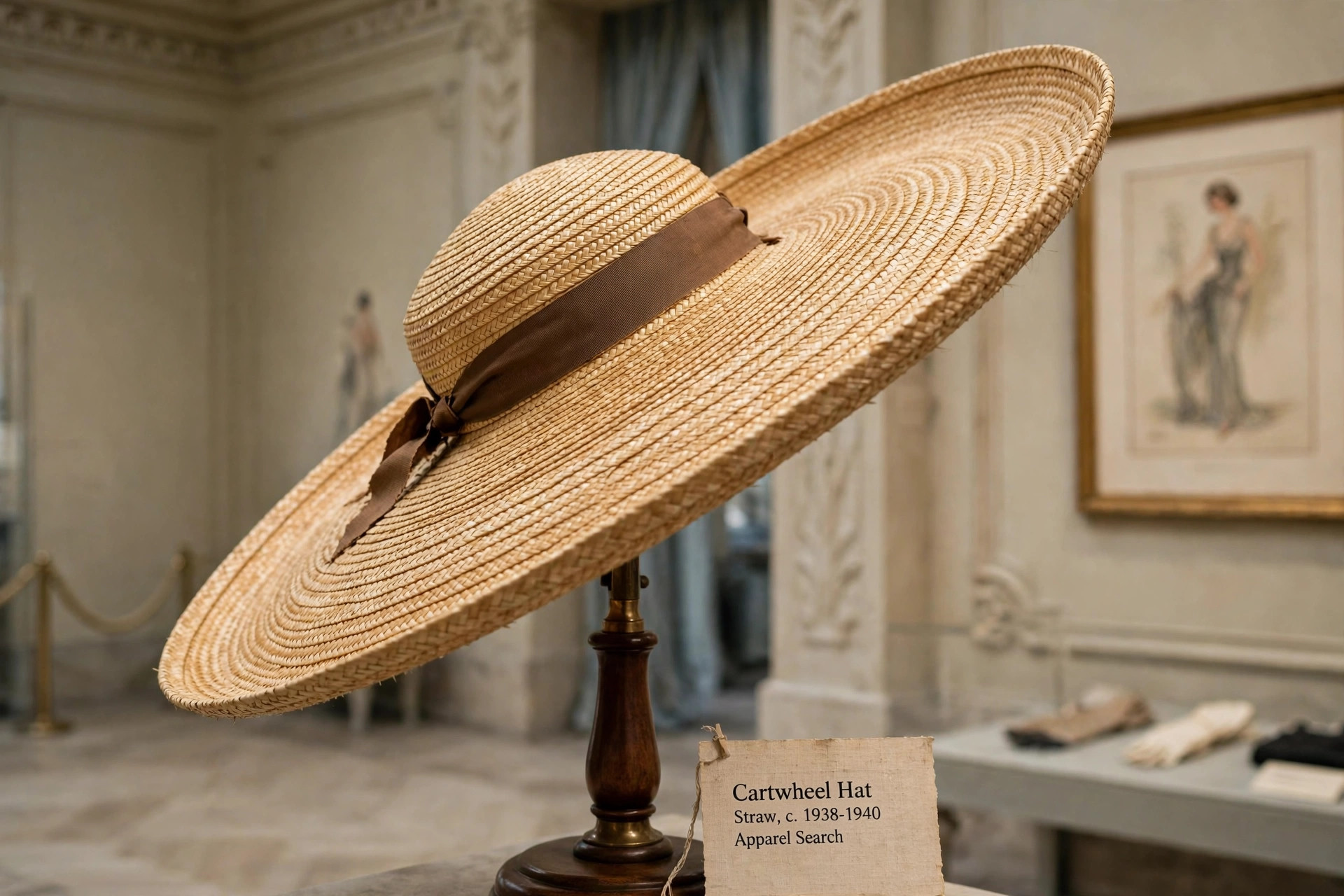 1930s cartwheel hat with a huge tilted disc brim in straw displayed at a dramatic angle on a stand