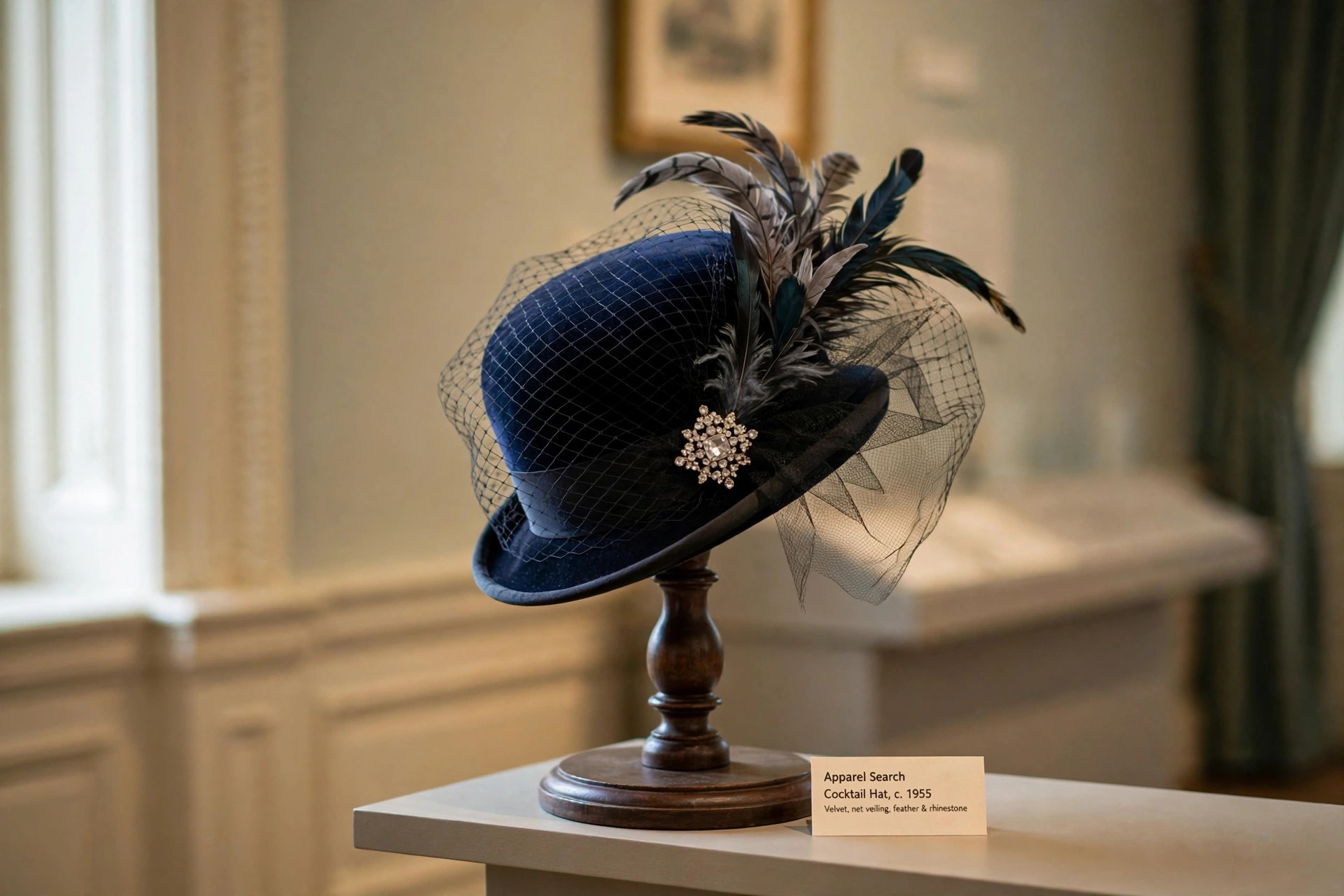 1950s cocktail hat, a small decorative percher with veiling and feather trimming, displayed on a stand