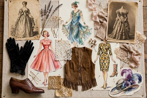 Vintage fashion garments and illustrations from different eras