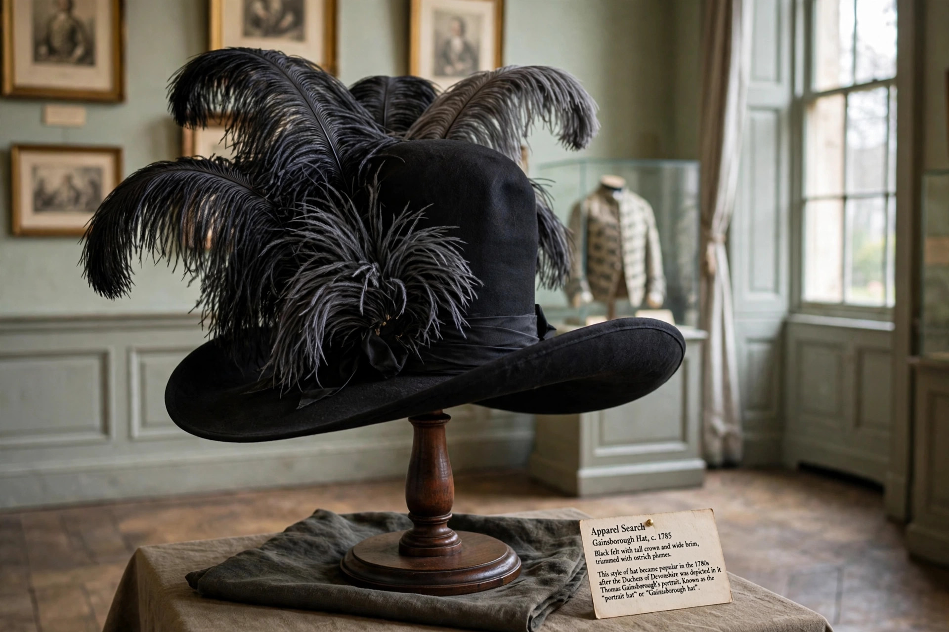Gainsborough hat in black with a large brim, tall crown and lavish ostrich plumes displayed on a stand