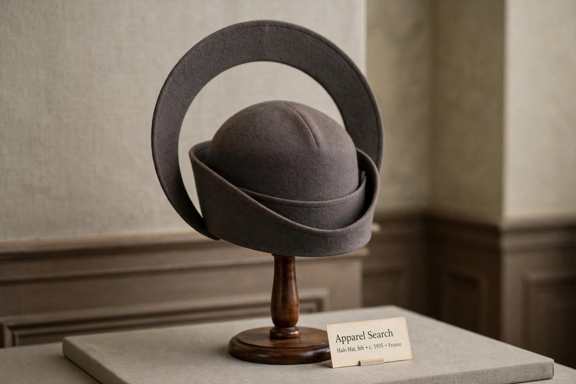 1930s halo hat with an upright circular brim framing a small crown, displayed on a stand