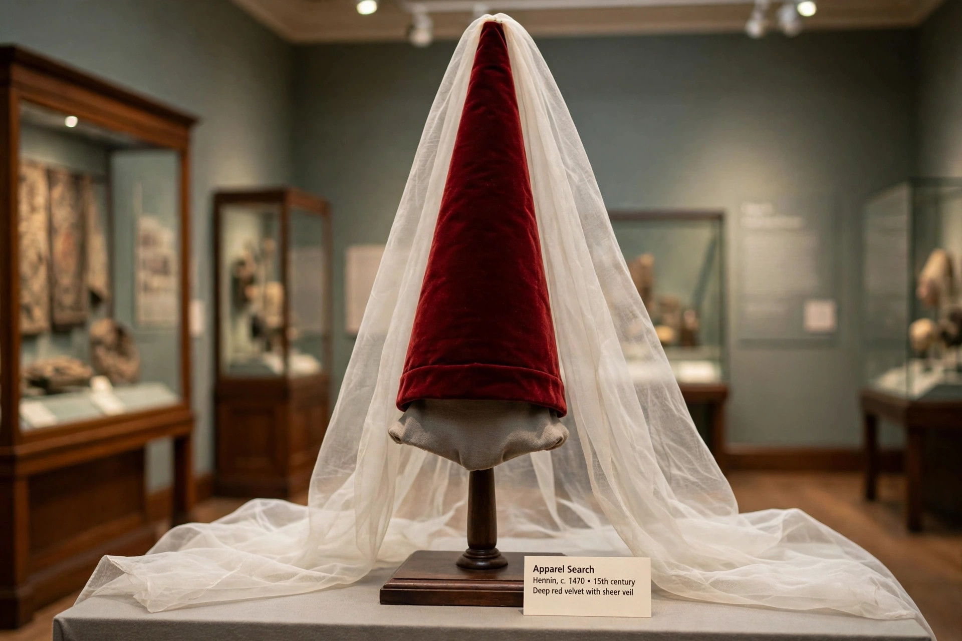 15th-century hennin tall conical steeple headdress in deep red velvet with a sheer veil displayed on a stand