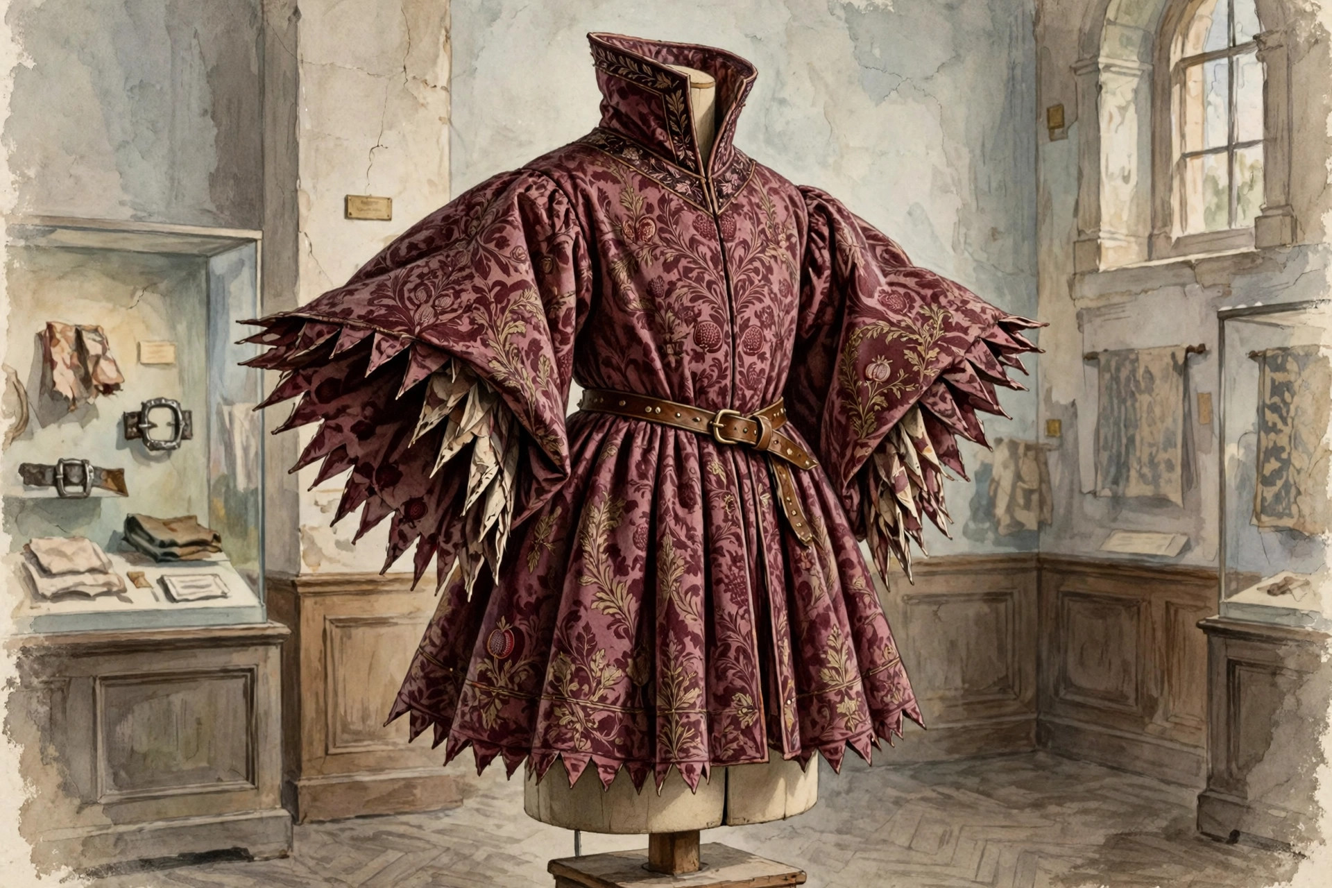 Late medieval houppelande robe in burgundy damask with high collar and huge dagged sleeves