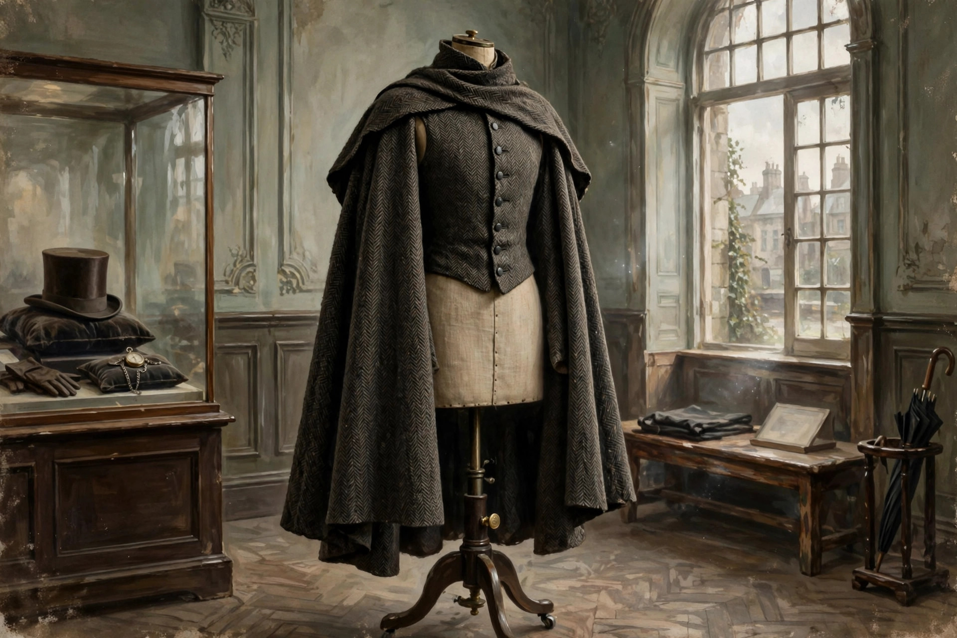 Victorian Inverness cape overcoat in dark herringbone tweed with deep shoulder cape on a dress form