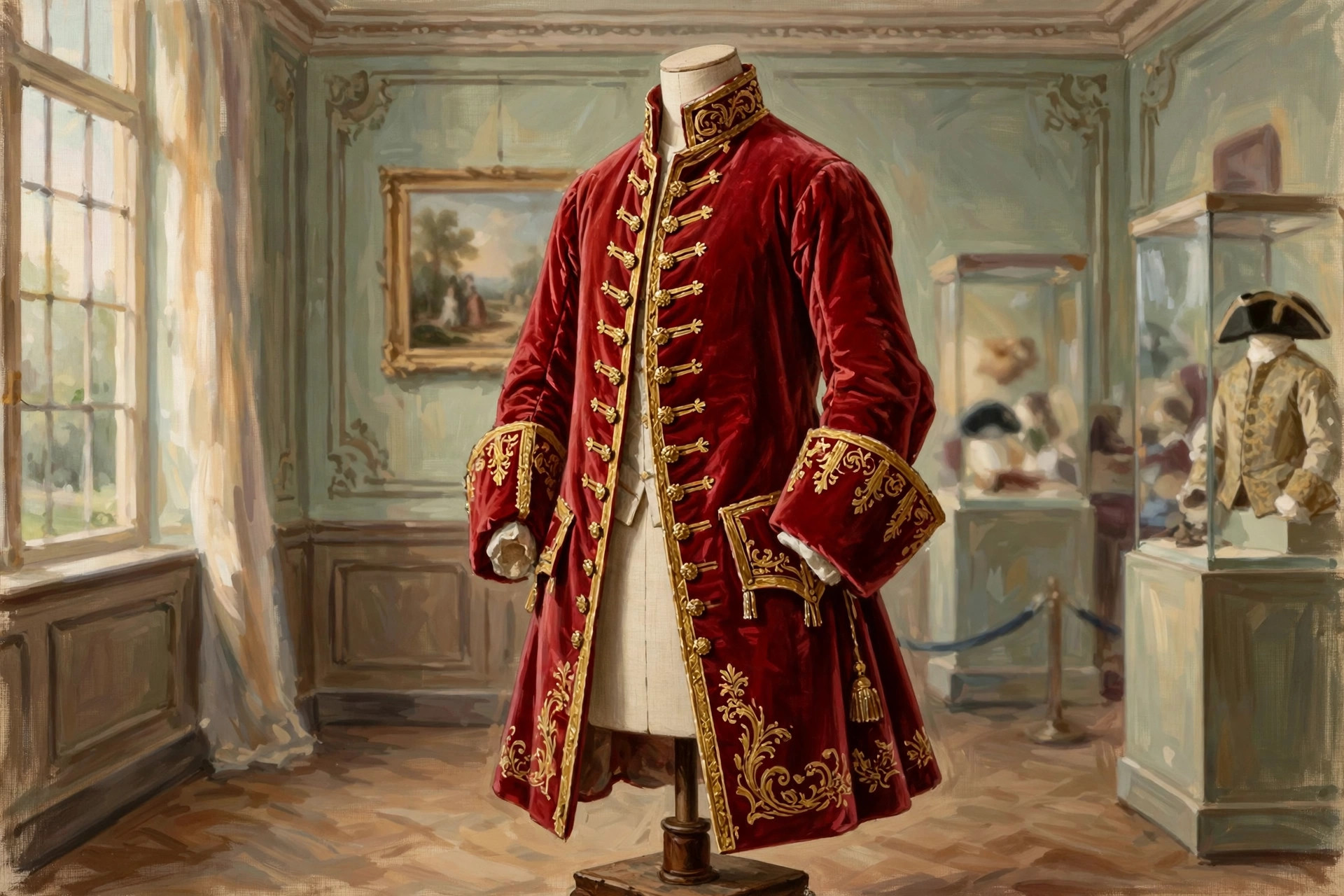Late 17th-century justacorps coat in crimson velvet with deep cuffs and gold braid on a dress form