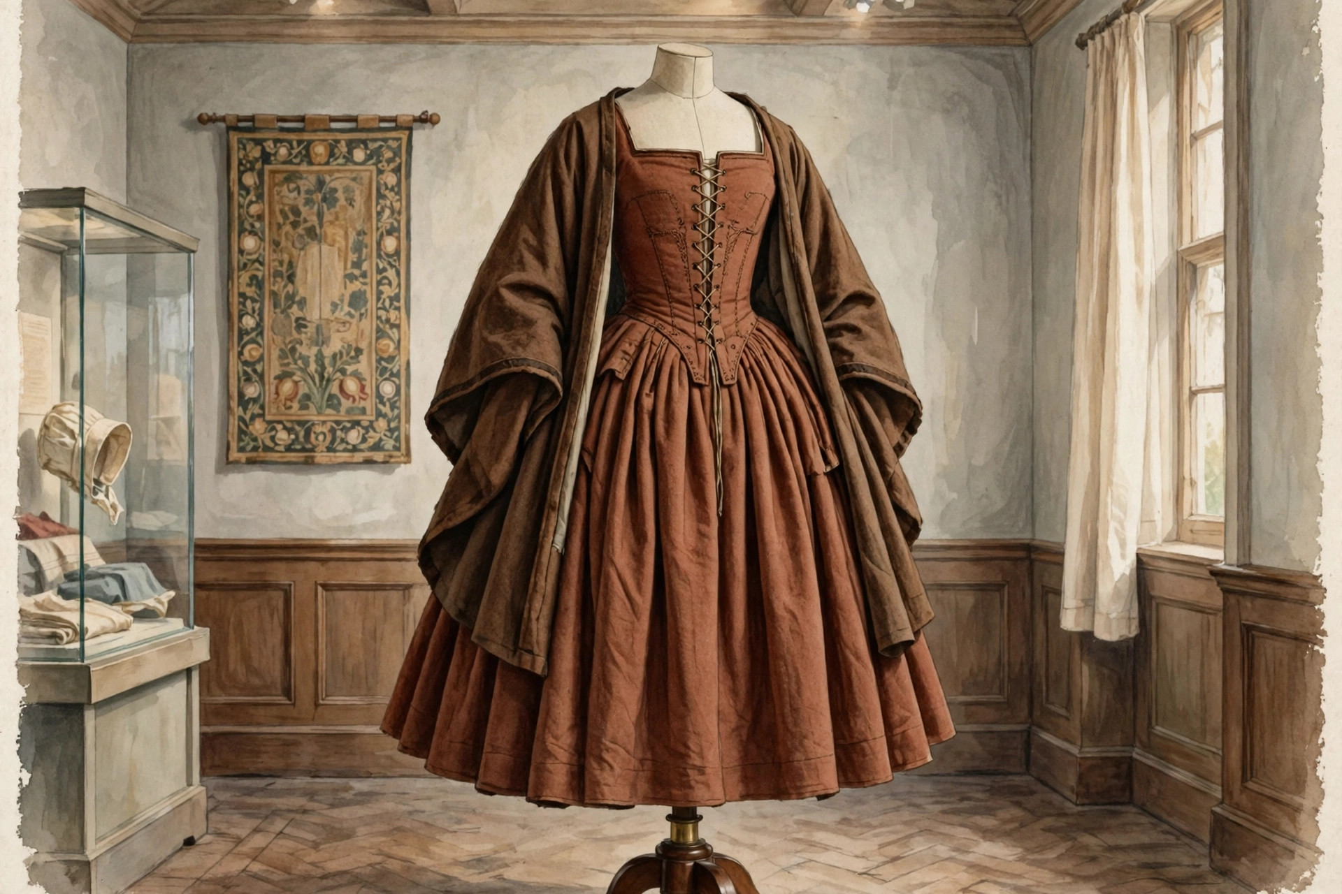 Tudor kirtle in russet wool with square neckline and laced bodice worn under an open overgown