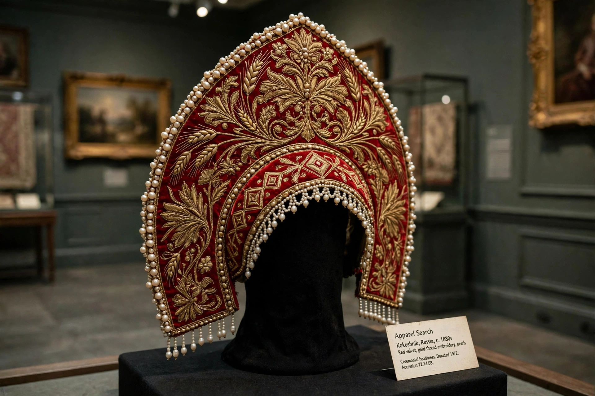 Traditional Russian kokoshnik headdress in red velvet embroidered with gold thread and pearls displayed on a stand