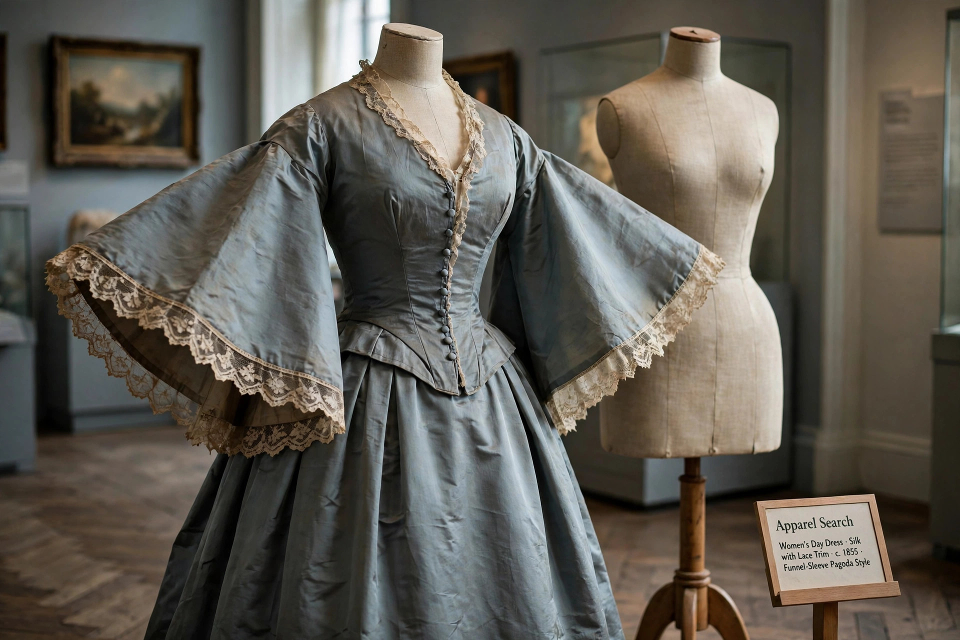 1850s silk dress with wide funnel-shaped pagoda sleeves trimmed with lace displayed on a dress form