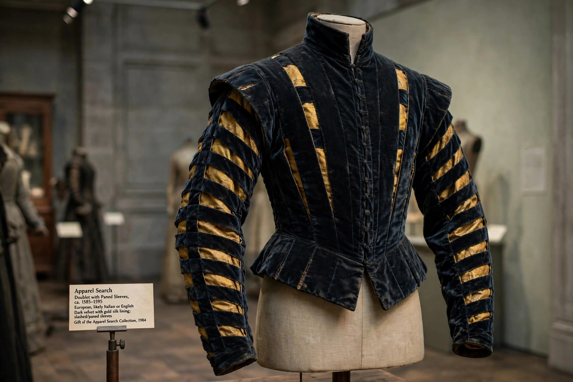 Late 16th-century doublet with paned sleeves of dark velvet strips revealing contrasting silk beneath displayed on a dress form