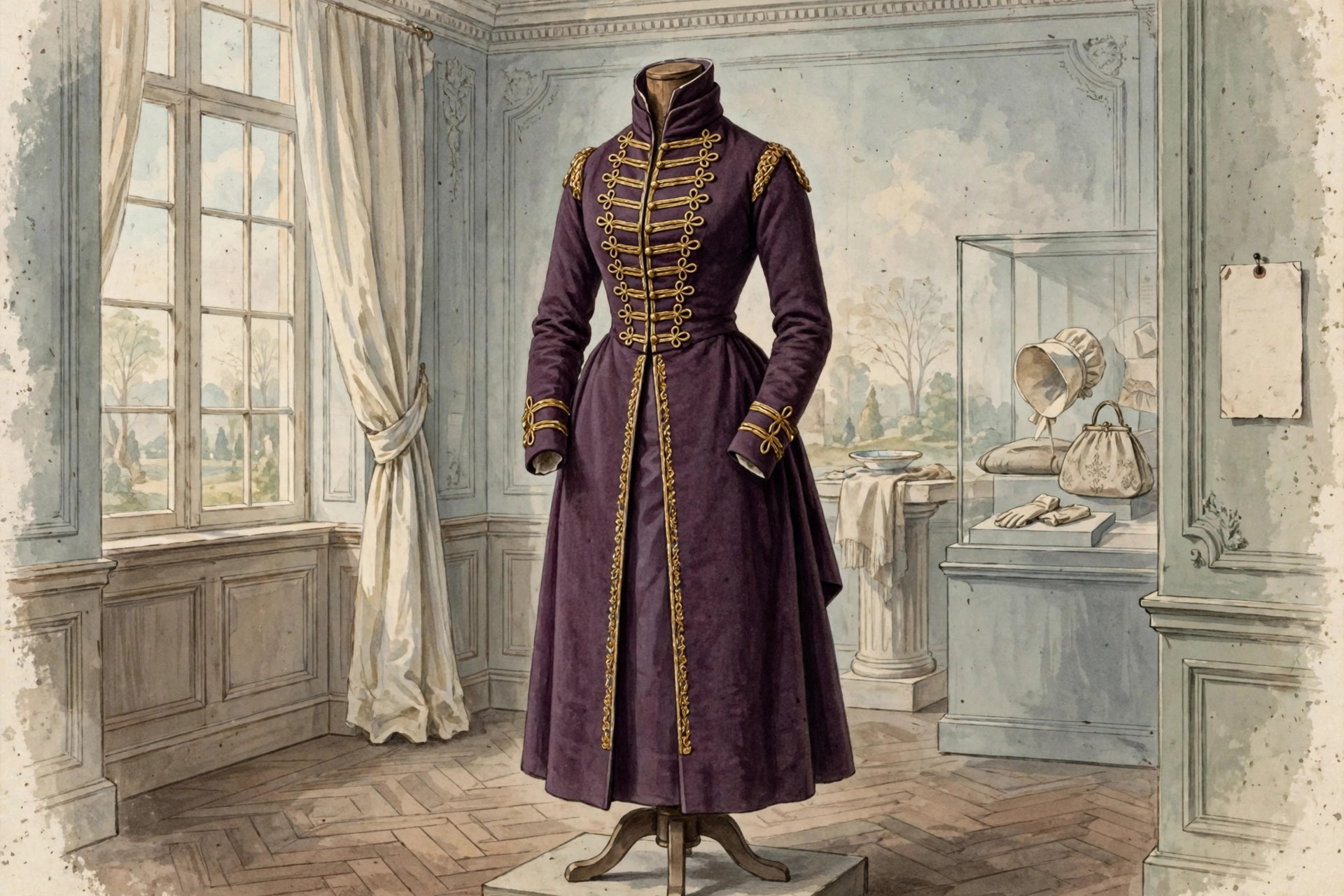 Regency-era pelisse coat-dress in plum wool with braided frogging displayed on a dress form