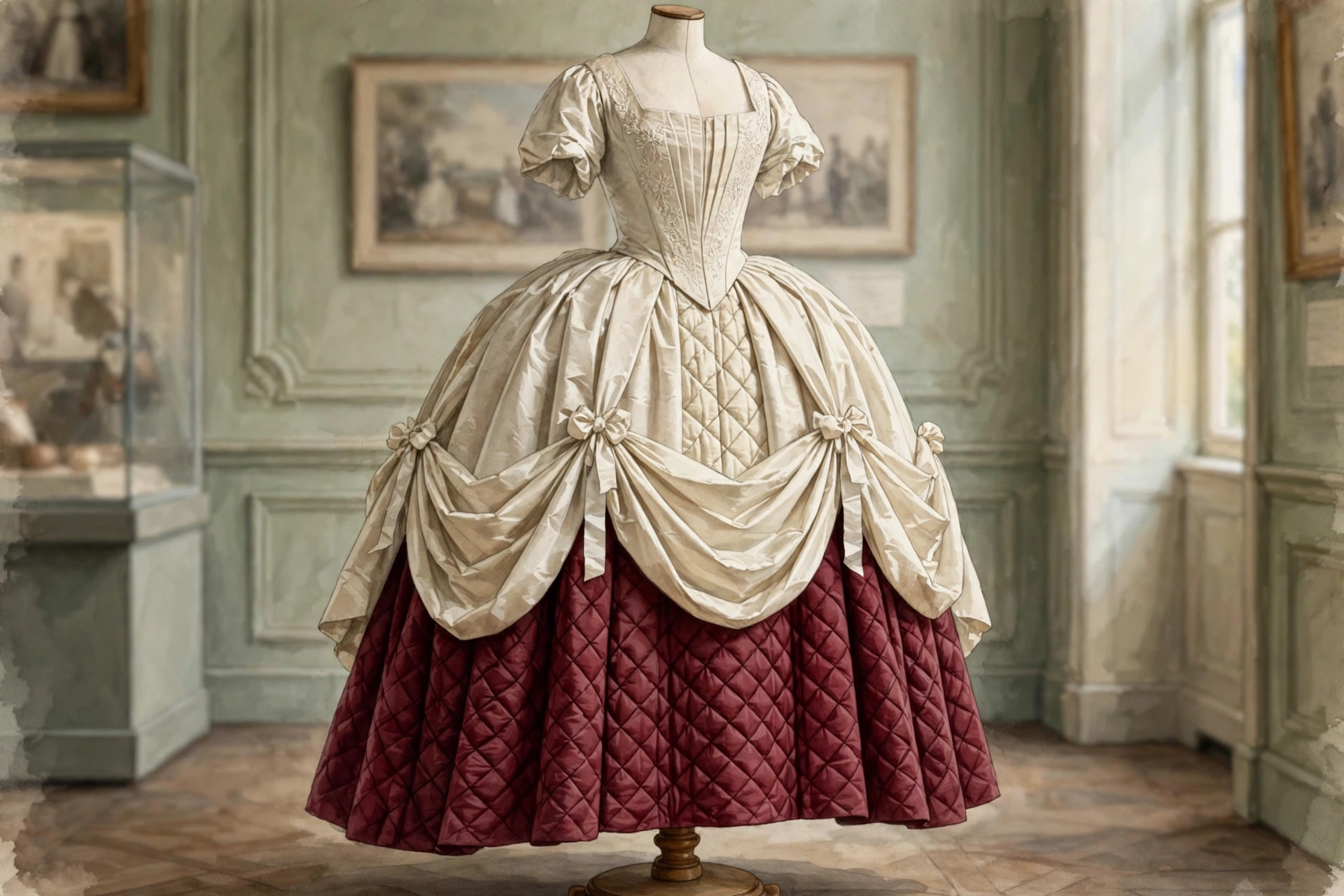 1770s polonaise gown with overskirt draped up in swags over a quilted petticoat on a dress form