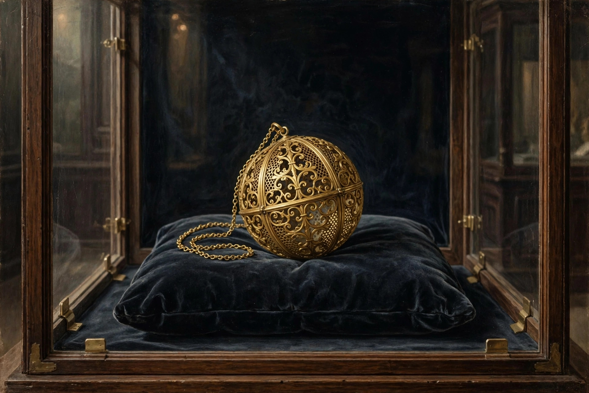 Renaissance gold pomander scent ball pendant with perforated filigree panels on a chain