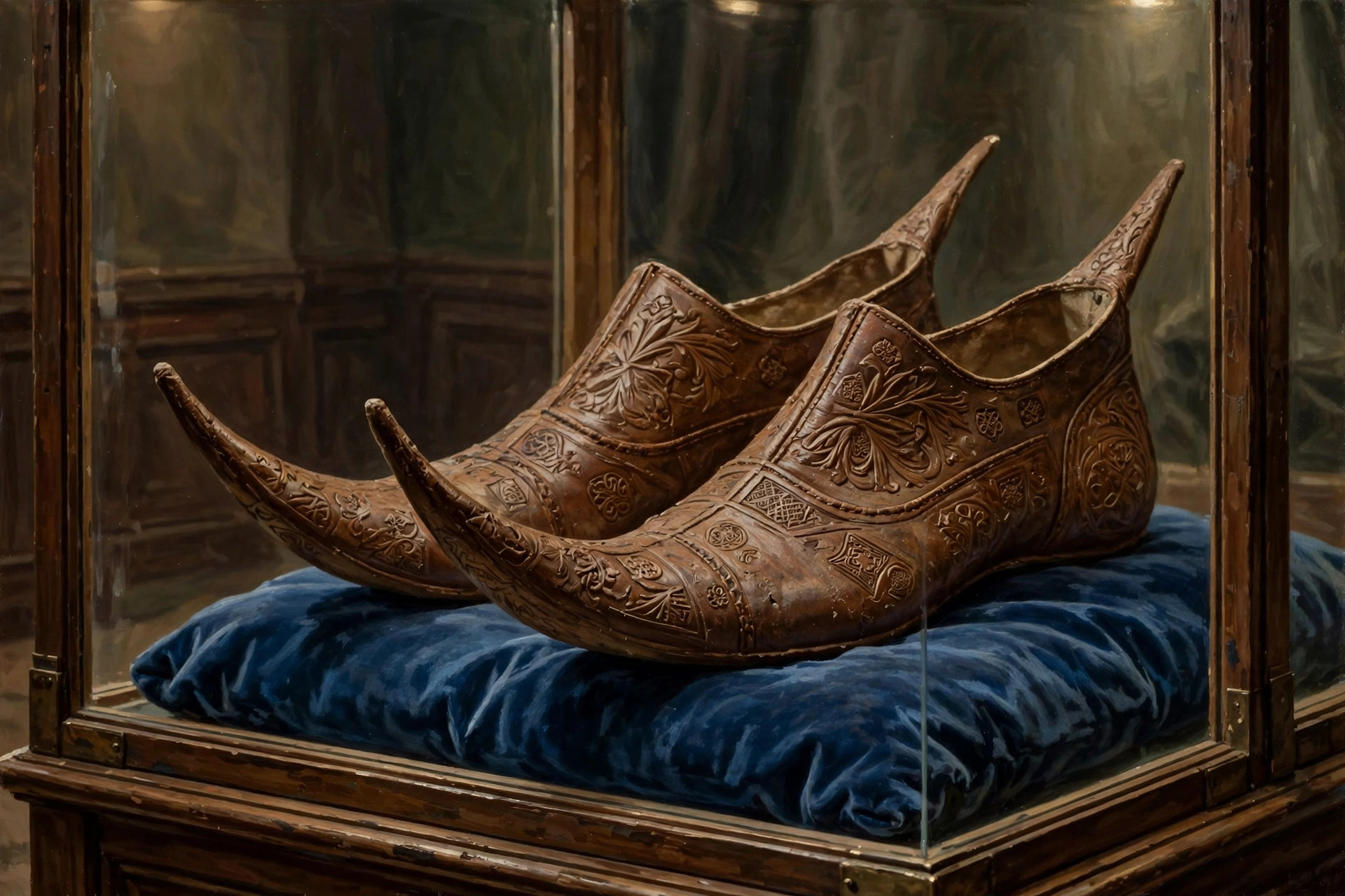 Medieval poulaine shoes with extremely long pointed toes in tooled brown leather on velvet