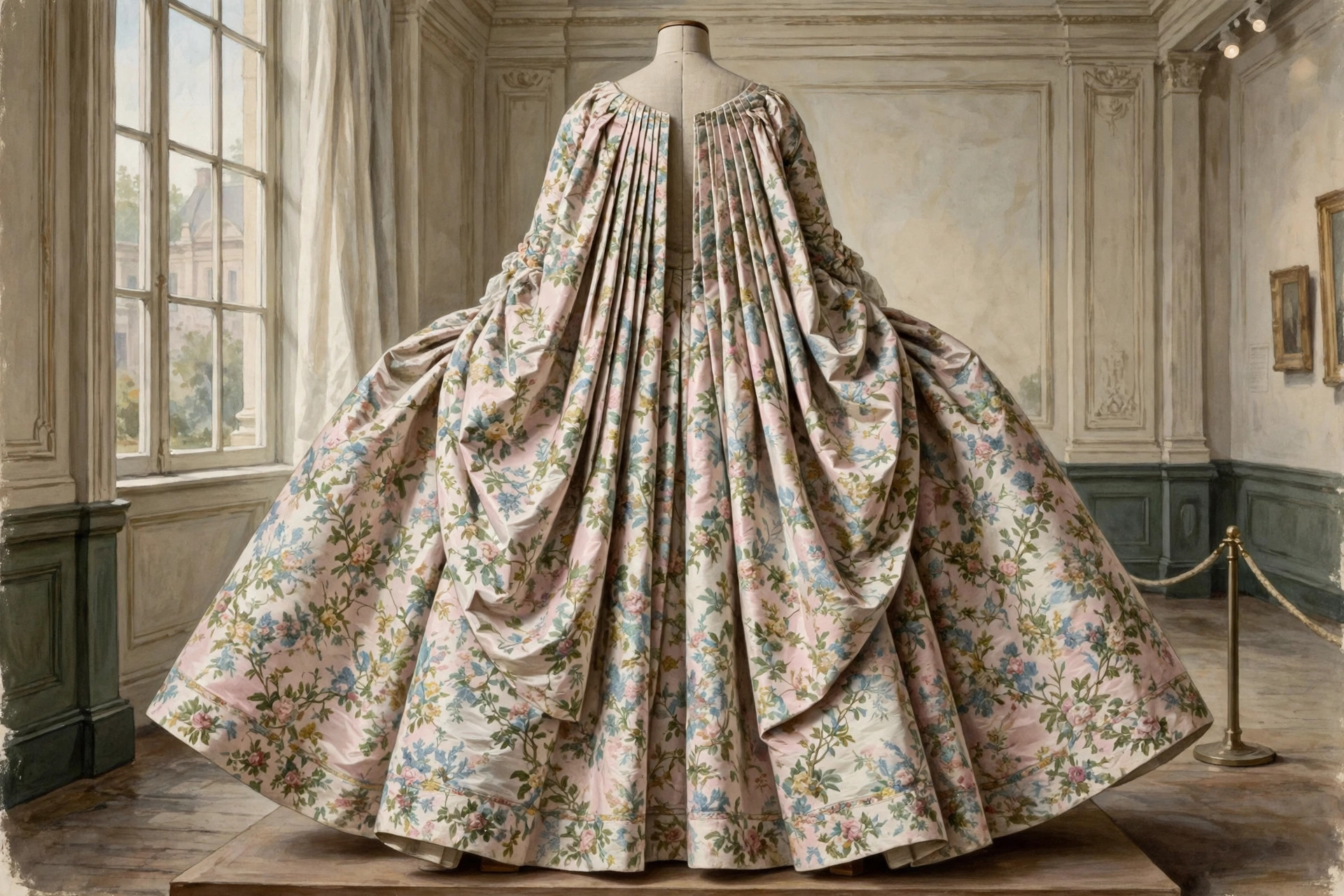 Robe a la francaise sack-back gown in floral silk brocade showing Watteau pleats from behind