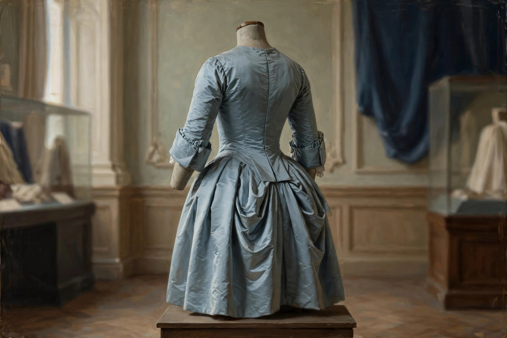 Robe a l'anglaise close-bodied gown in soft blue silk with fitted back on a dress form