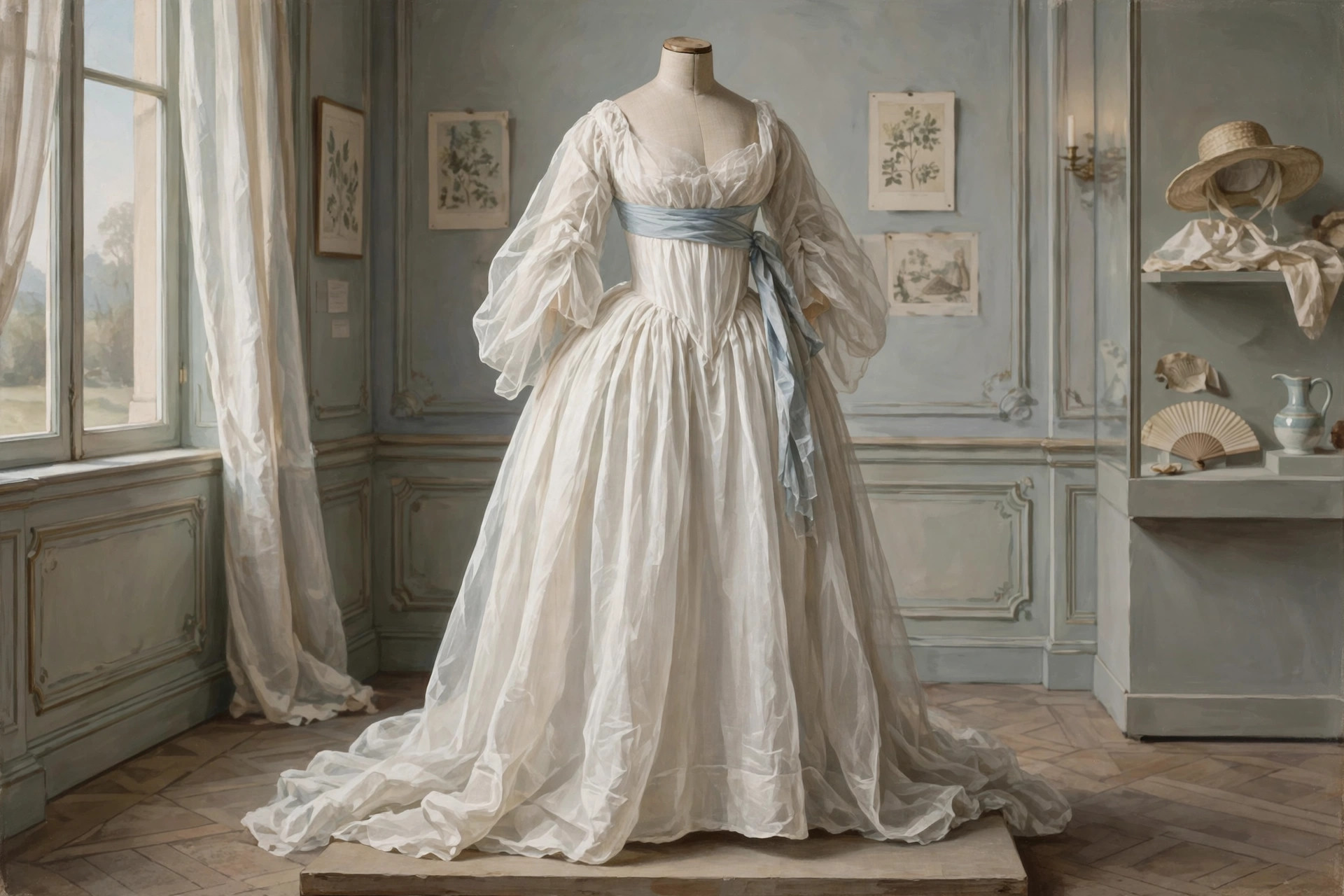 Robe en chemise in soft white muslin with a waist sash displayed on a dress form